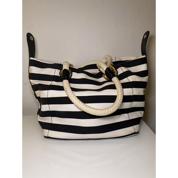 Michael Kors Marina Black White Striped Canvas Anchor Tote Shoulder Bag - Picture 4 of 16